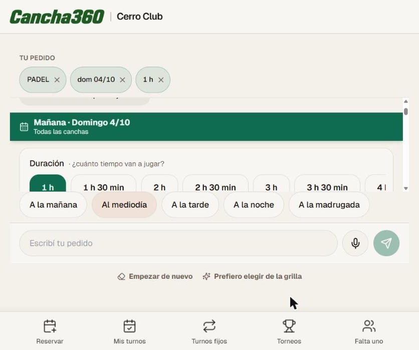 Asistente de Cancha 360 armando un turno a partir de un mensaje