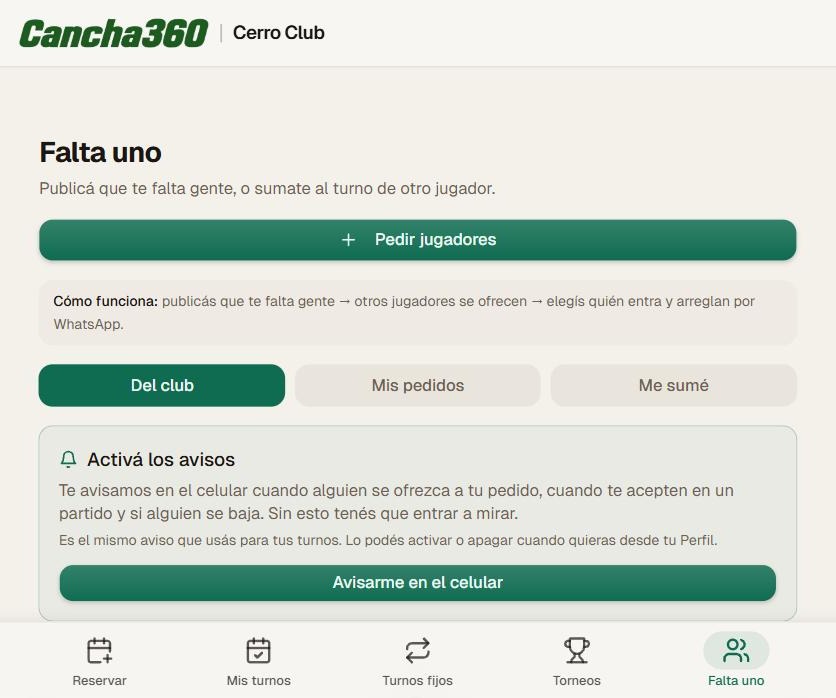 Pantalla Falta uno con partidos que buscan jugadores