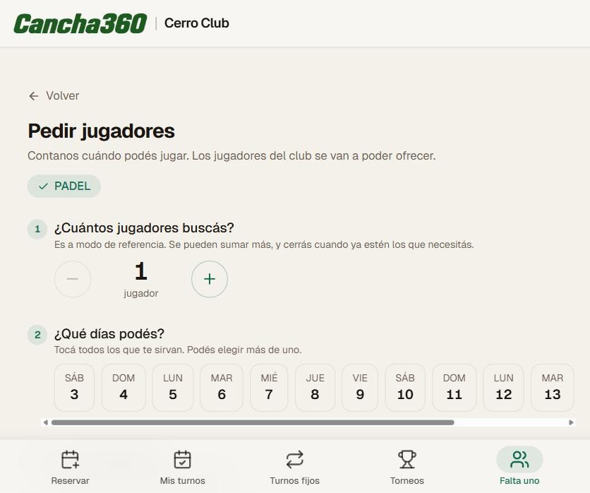 Pantalla Pedir jugadores con cantidad y días disponibles